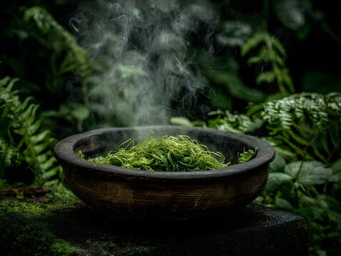 Misty jungle of Java steaming bowl of Wedhang uwuh slowly unfurls delicate strand of fern tip shoot tendril subtle aroma wafting up towards dense foliage above clean professional stock photo sharp