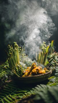 Misty forest of Malaysian Sarawak sacred ritual unfolds where Manok kacangma juicy chicken marinated turmeric coriander chili steamed perfection amidst emerald shoot of kacangma sprout clean