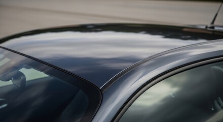 Closeup shot of a sleek black car roof reflecting the sky capturing details.