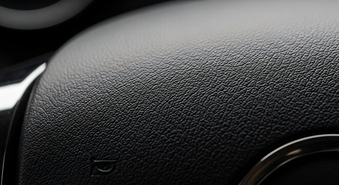 Closeup view of a black car dashboard with textured surface and details.