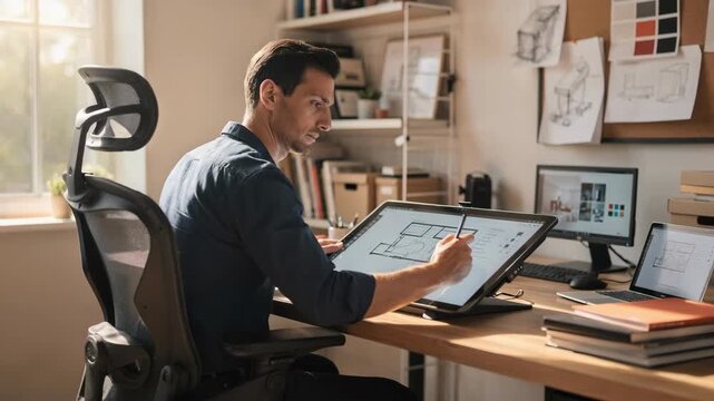 Designer sketching on a digital tablet in a sunlit room main object clear with the rest of the creative cluttered studio subtly out of focus for remote work ergonomic planning.