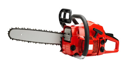 Red chainsaw tool for wood cutting and logging isolated on transparent background