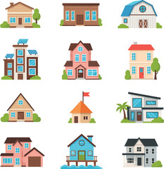Large collection of diverse house icons featuring modern suburban homes, eco-friendly solar power residences, and various architectural building styles.