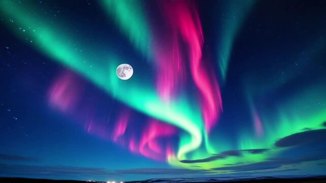 A stunning night view featuring the Aurora Borealis the northern lights with bright green and pink colors dancing across the night sky.