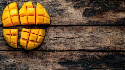 Mango slices arranged on a wooden surface with a minimal flatlay style Generative AI