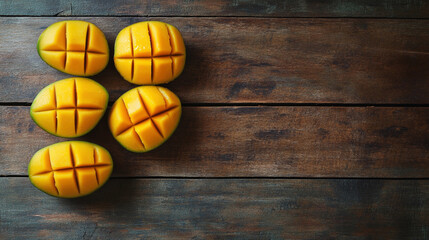 Mango pieces arranged on wooden surface in minimal flatlay setting Generative AI