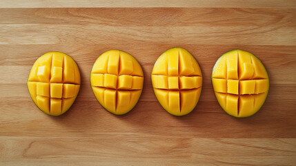 Mango slices arranged on wooden surface in a flat layout Generative AI