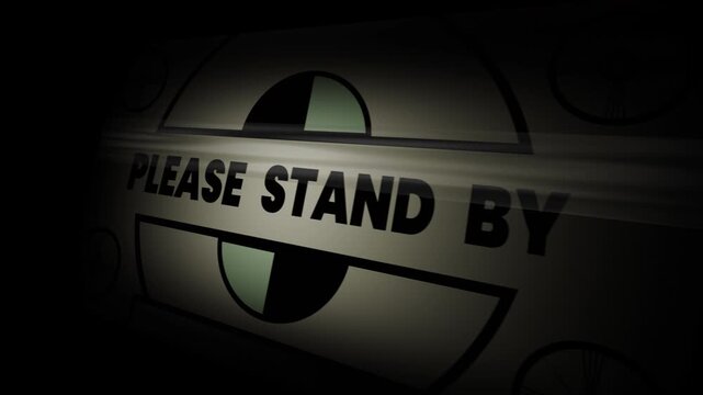 Please stand by screen a static visual with heavy distortion evokes technical difficulty and anticipation.