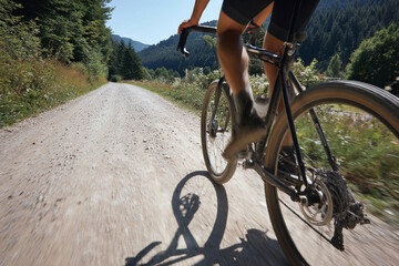 Tourist rides bike on gravel road in mountains during sunny day Generative AI