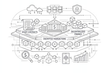 Fototapeta premium Premium white vector illustration of corporate blockchain financial architecture, encrypted transaction layers, smart contracts structure, decentralized finance systems
