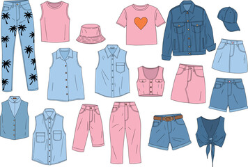 Trendy collection of casual clothing featuring denim jackets jeans with palm trees pink skirts and sleeveless tops for summer fashion.