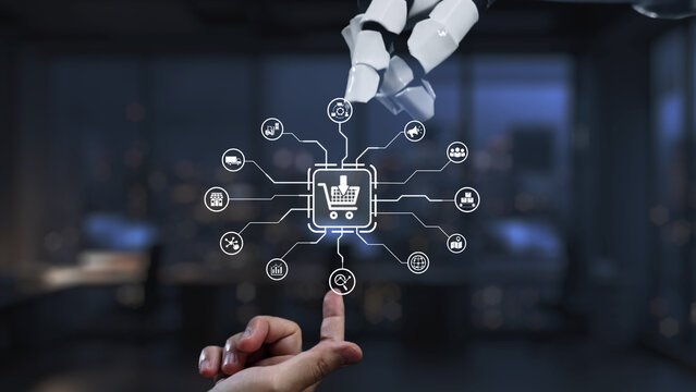 A robotic hand reaching for a shopping cart icon symbolizes the fusion of technology and commerce in a modern office, highlighting innovation and digital marketing. Synapse
