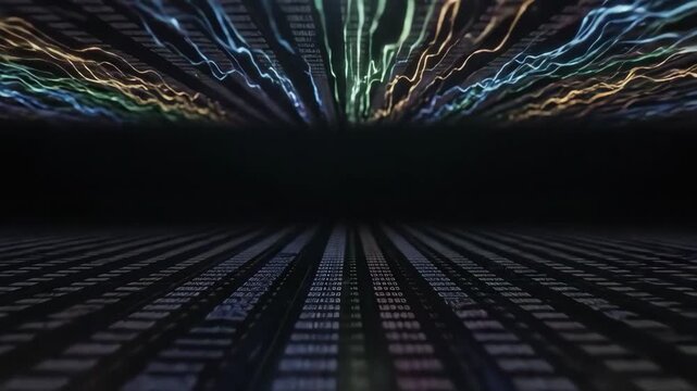 Bitcoin transaction data visualized as vibrant, swirling patterns emanating from a dark, futuristic grid landscape, showcasing financial technology advancements