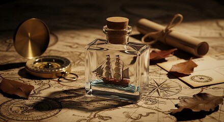Antique nautical map with compass, ship in a bottle, and scroll. © GUNARTOGRAPHY