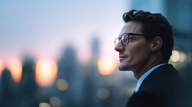 Visionary Outlook: A thoughtful individual gazes towards the horizon, framed against the backdrop of a bustling cityscape, embodying ambition and strategic thinking. 