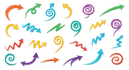 Fototapeta premium Creative collection of hand drawn arrows, spirals, and zigzag lines in various vibrant colors for dynamic design projects.