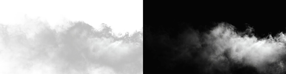 The image depicts various atmospheric phenomena such as fog, smoke, mist, and steam. Realistic white cloud or smoke. White fog or smoke on transparent background. PNG image  © Alehandro