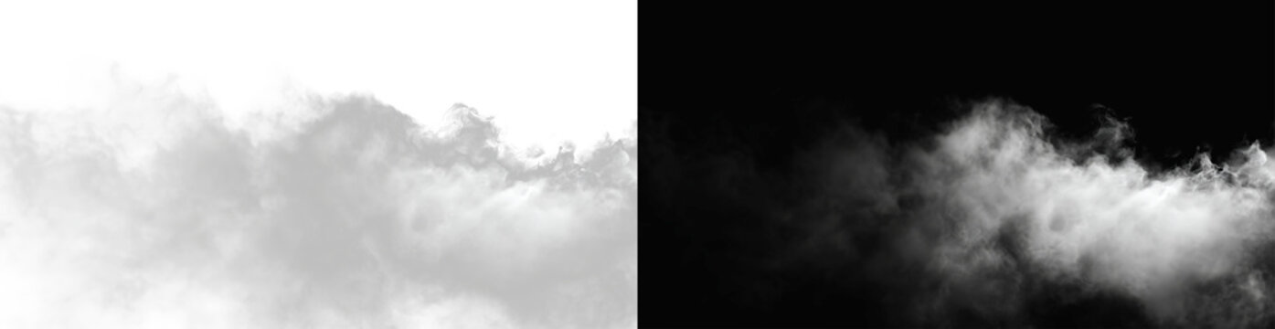 The image depicts various atmospheric phenomena such as fog, smoke, mist, and steam. Realistic white cloud or smoke. White fog or smoke on transparent background. PNG image 