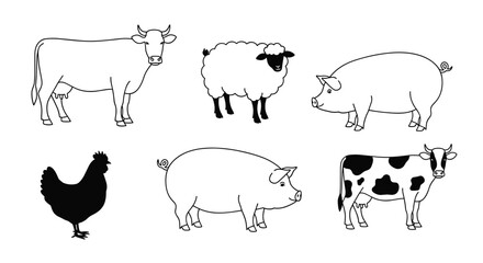Collection of farm animal illustrations including cows, pigs, a sheep, and a chicken silhouette on a white background.