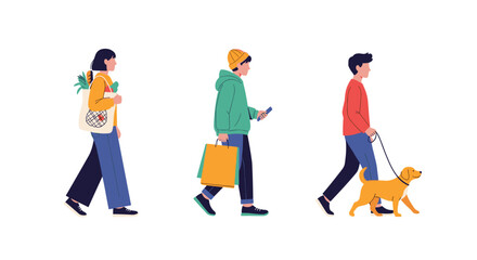 Fototapeta premium Illustration of three diverse people walking side by side including a woman with groceries, a man on his phone, and a man with a dog.