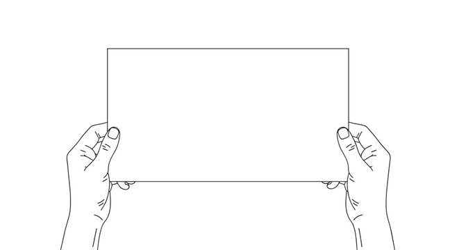Pair of hands holding a horizontal blank white sheet of paper in line art style for custom text or advertisement images.