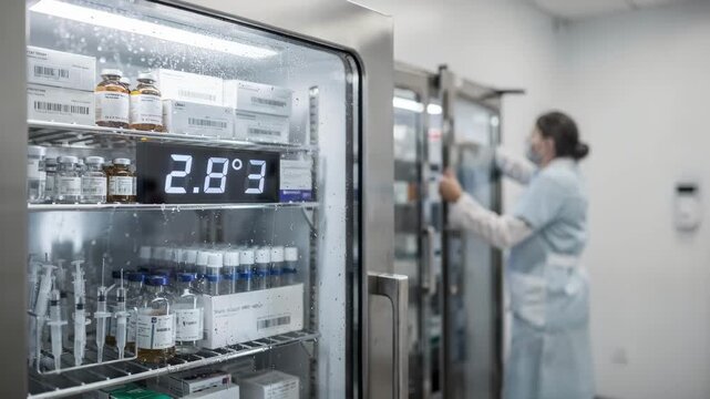 Shot of refrigerated medication storage with temperature display in sharp focus showing labeled shelves and blurred medical staff restocking in the background.