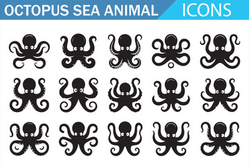 Fototapeta premium Octopus sea animal silhouette icon set for marine and ocean design