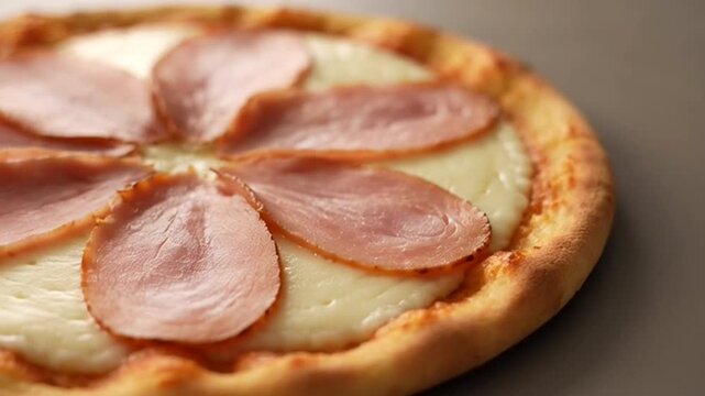 A delicious ham and cheese pizza on a table in a video