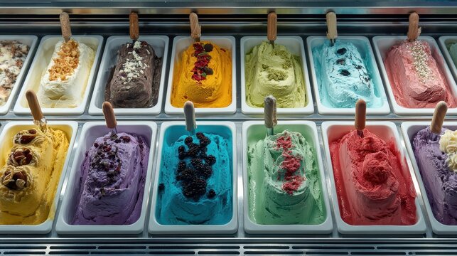 Colorful Assorted Gelato Flavors Displayed in a Commercial Freezer Case for Sale at a Gelateria.