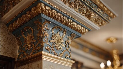 Fototapeta premium Intricate Ornate Ceiling Detail: Close-up of Decorative Plasterwork and Moldings in a Grand Historic Building Interior.