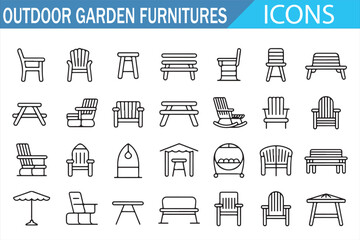 Patio and garden furniture linear icon set for landscape and exterior projects