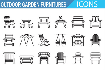 Garden and patio furniture outline icon pack for exterior and outdoor spaces