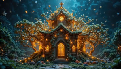 A fantasy temple wrapped in glowing vines made of thread and felt, stars floating behind