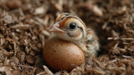 Obraz premium Detailed close-up of a speckled brown bird egg nestled in a natural bed of dry straw and organic bedding.