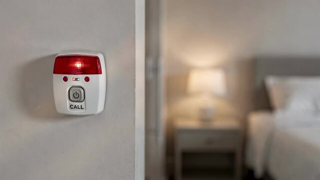 Sharp focus on a strobe alarm and call button combo in a bedroom hallway corner while a nightstand and lamp fade into the background portraying integrated emergency warning