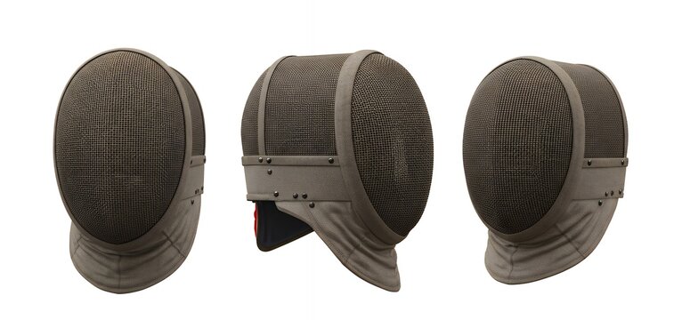 Set of Three Fencing Helmets in Light Brown Tan Fabric with Protective Steel Mesh for Historical Sword Fighting and Sports Training, Front and Side Profiles