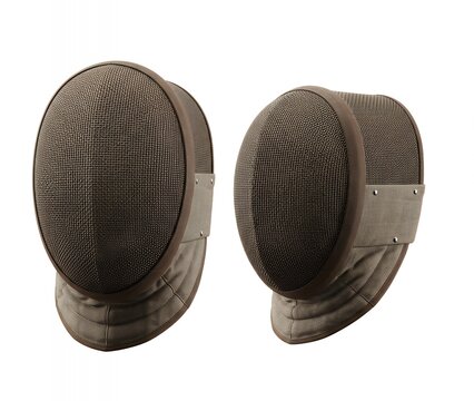 Pair of Modern Fencing Masks featuring Brown Textured Fabric and Metal Face Guard for Competitive Sport and HEMA Practice, Professional Equipment Close-up