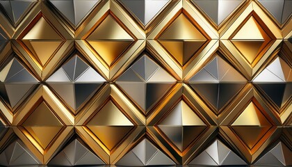 abstract gold and silver geometric wall with triangular panels and metallic reflections