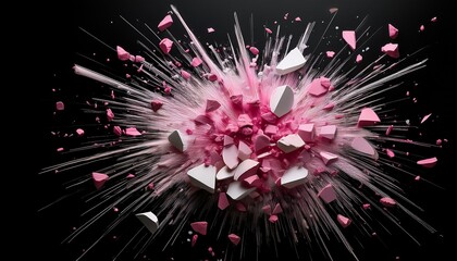 dynamic geometric explosion of white and pink shapes against a stark black background radiating energy and modern design innovation