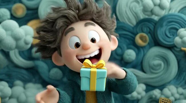 Ilustra&ccedil;&atilde;o de garoto segurando caixa de presente expressando felicidade e alegria, conceito de surpresa, celebra&ccedil;&atilde;o infantil e momento festivo