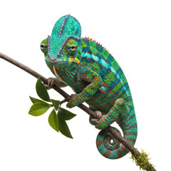 Naklejka premium A majestic veiled chameleon with vibrant green and turquoise skin patterns, a high casque, gripping a mossy branch against a transparent studio backdrop, concept of exotic biodiversity