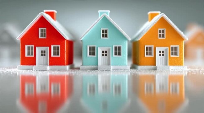 Ilustra&ccedil;&atilde;o de casas coloridas em conceito imobili&aacute;rio, conjunto residencial moderno representando compra, investimento, propriedade e mercado de real estate