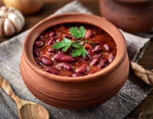 georgian lobio red bean stew in traditional clay pot warm earthy tones rustic food styling