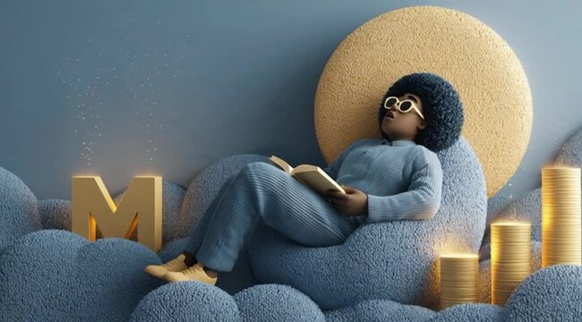 Ilustra&ccedil;&atilde;o 3D animada de pessoa relaxando enquanto l&ecirc; em ambiente confort&aacute;vel com moedas, conceito de descanso, educa&ccedil;&atilde;o financeira, renda passiva e prosperidade