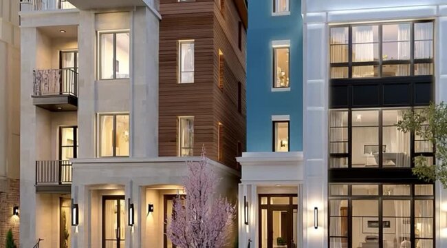 Fachada de pr&eacute;dios urbanos com arquitetura moderna, linhas geom&eacute;tricas e padr&atilde;o repetitivo, cen&aacute;rio corporativo e paisagem imobili&aacute;ria contempor&acirc;nea