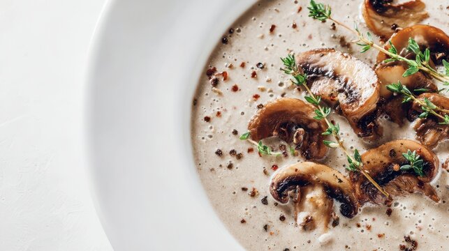 Exquisite mushroom cream soup in a bowl