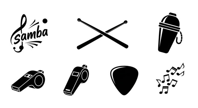 Samba music icons set with drumsticks whistle shaker and notes