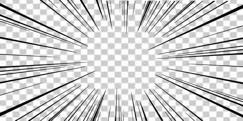 Abstract manga-style radial speed lines. Dynamic black graphic effect for motion, action, and impact on transparent background.