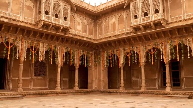 Tranquil Courtyard Architectural Detail with Ornate Pillars and Detailed Overhangs Under Soft Sky Light
