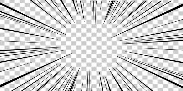 Abstract manga-style radial speed lines. Dynamic black graphic effect for motion, action, and impact on transparent background.